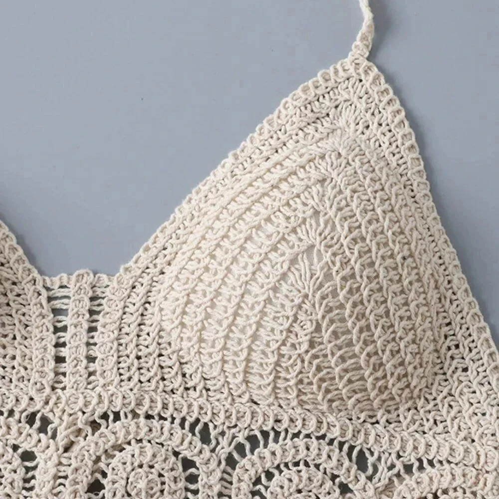 Ropa interior bohemia con flecos y espalda descubierta para mujer, ropa interior con cuello Halter y lazo, chaleco con tirantes y borlas bordadas, camiseta sin mangas corta