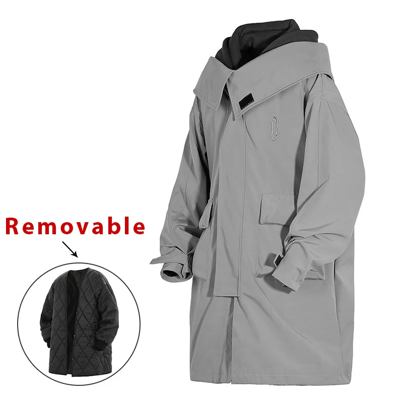 11bybb's dunkle Männer Winter lange Jacke Wind jacke neue gefälschte zweiteilige abnehmbare Liner Funktion Parkas Mäntel dicke Jacke