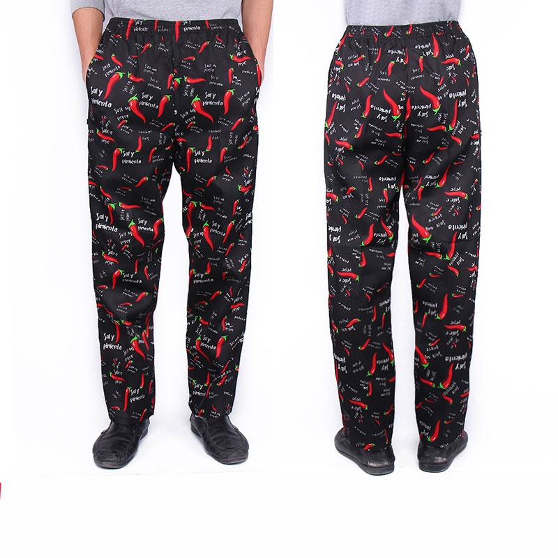 U nisexแฟชั่นเอวยางยืดออกแบบกางเกงเชฟพริกช้อนส้อมเครื่องครัวแบบร้านอาหารโรงอาหารเชฟกางเกงทํางาน