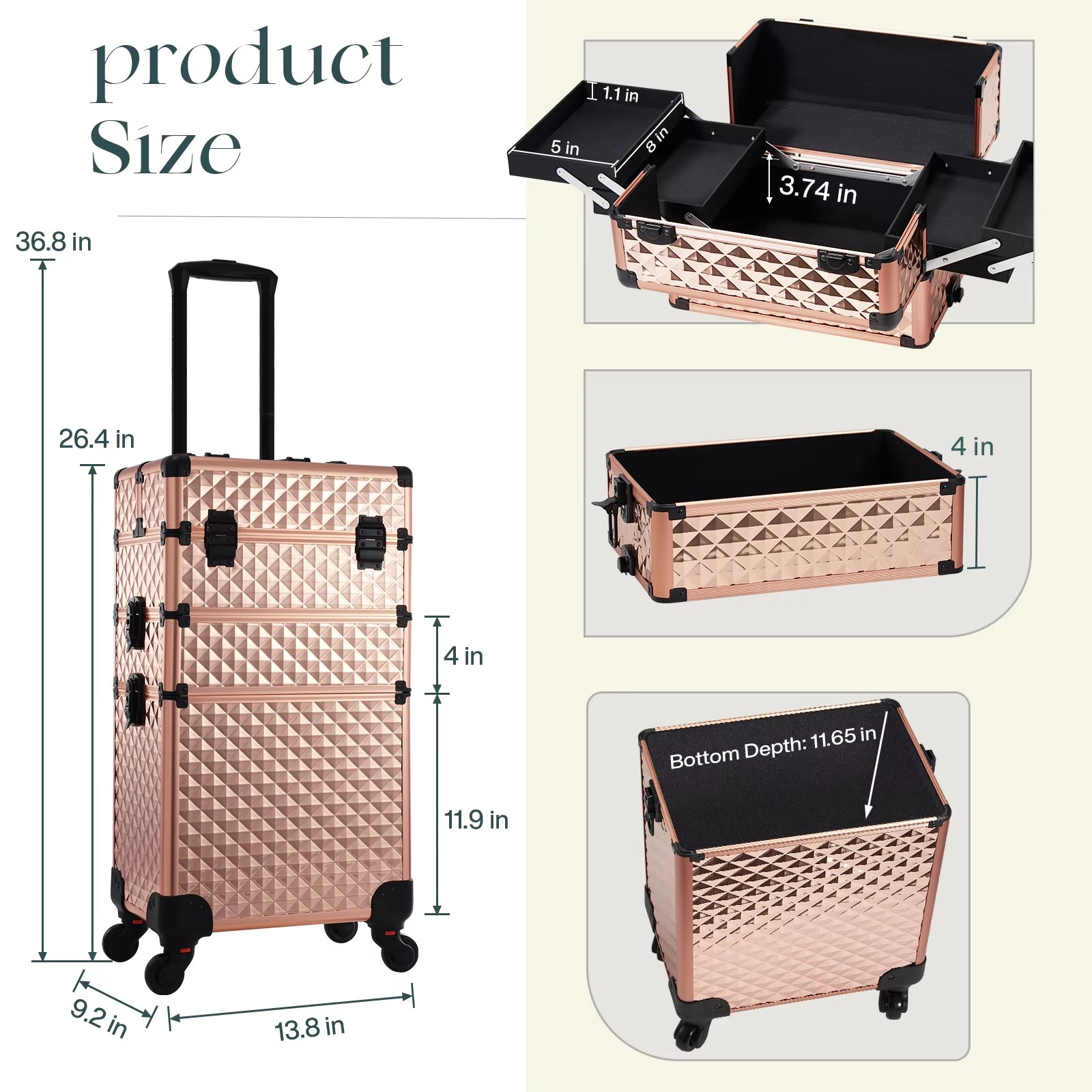 Rollender Make-up-Koffer, 3-in-1, abnehmbarer Make-up-Koffer, Kosmetik-Koffer auf Rädern, großes Fassungsvermögen, abschließbarer Make-up-Wagen für den Salon