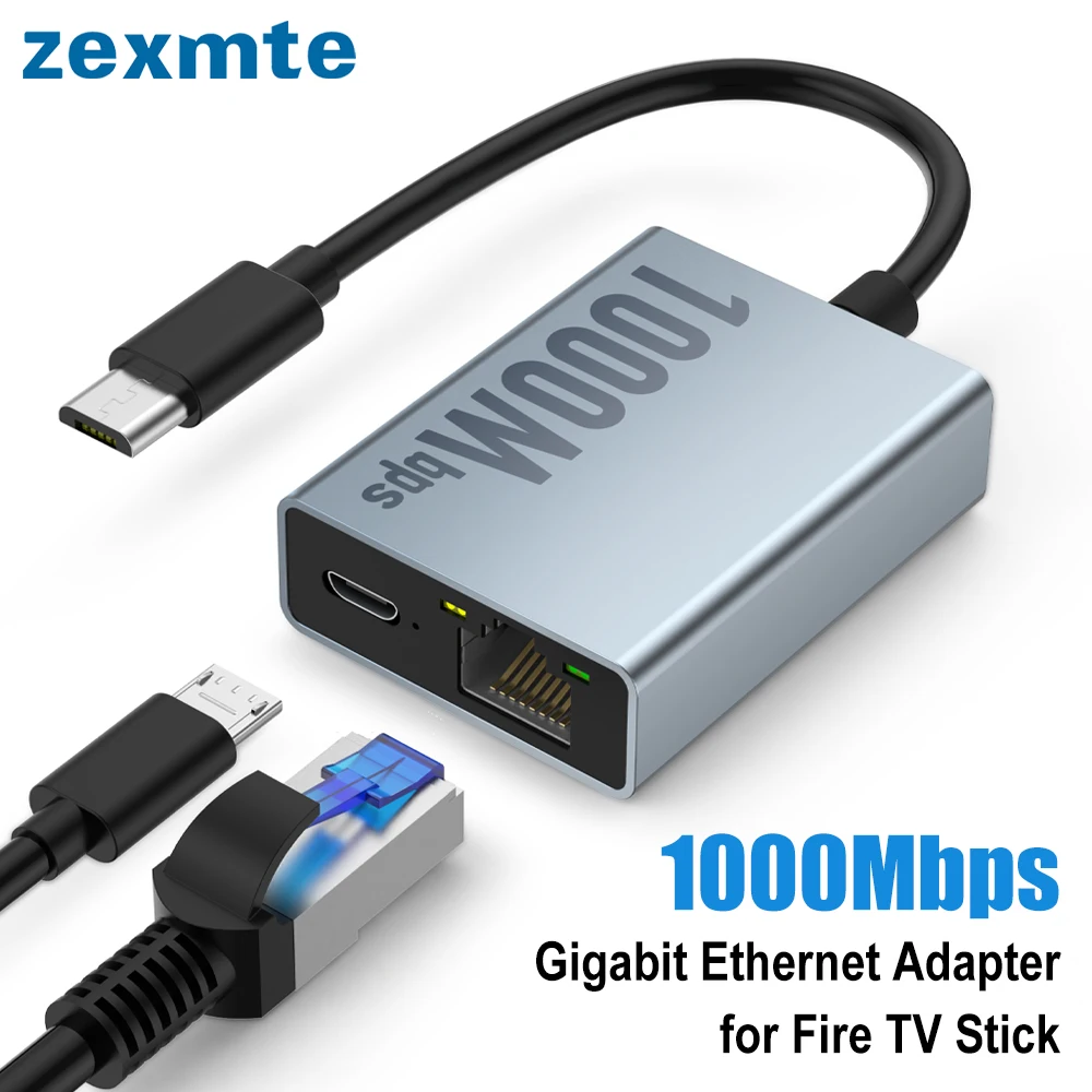Adaptador Zexmte Gigabit Ethernet para 4K Fire TV Stick Micro USB a RJ45 1000Mbps adaptador de tarjeta de red para Chromecast Google Home