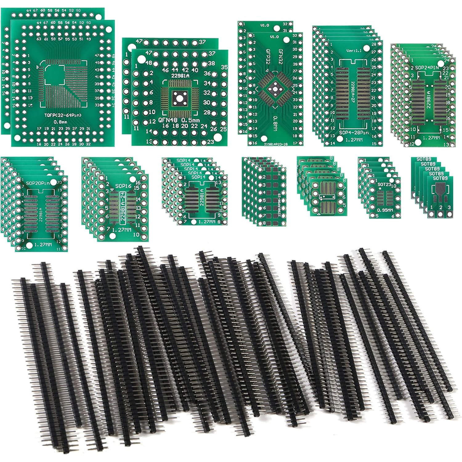 51 Uds 12 tipos SMD a DIP adaptador PCB Proto placa convertidor SOP SOT 0402/0603/0805 TQFP QFN + 40 Uds 2,54mm macho 40 pines