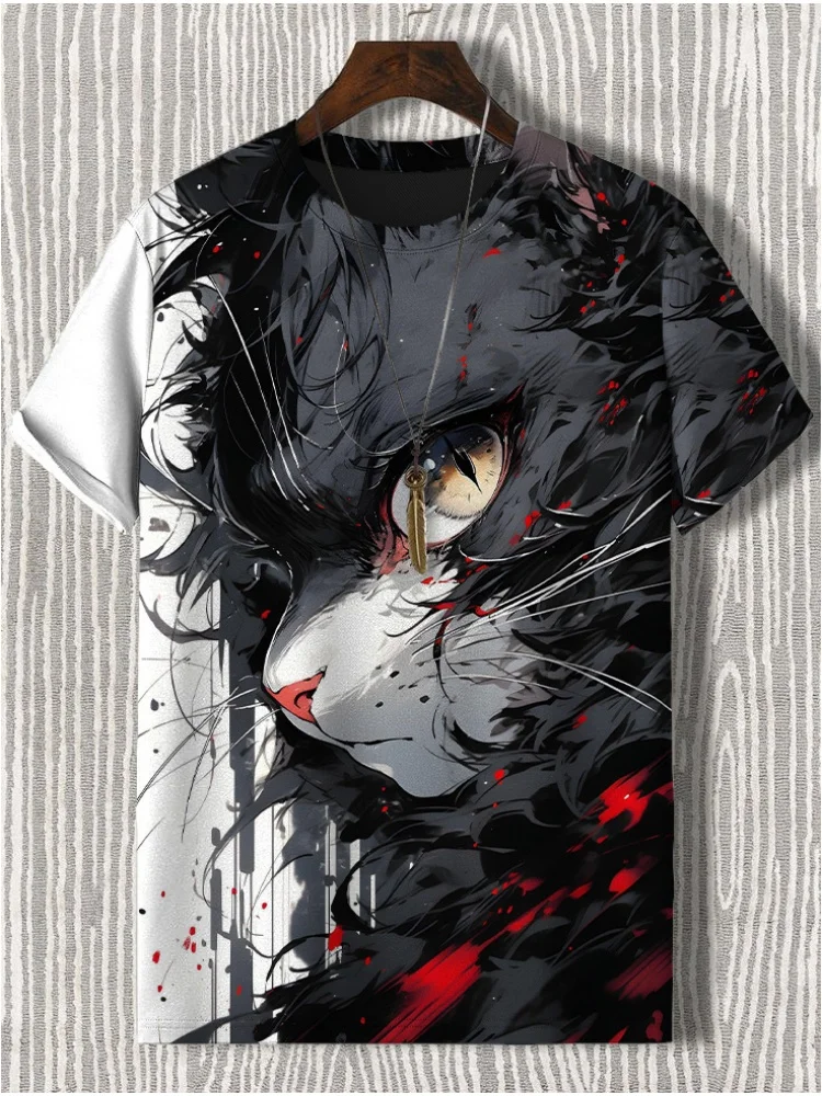 メンズ Tシャツ和風サムライ猫グラフィック 3D プリント Tシャツカジュアル半袖 Tシャツ屋外特大男性服トップス