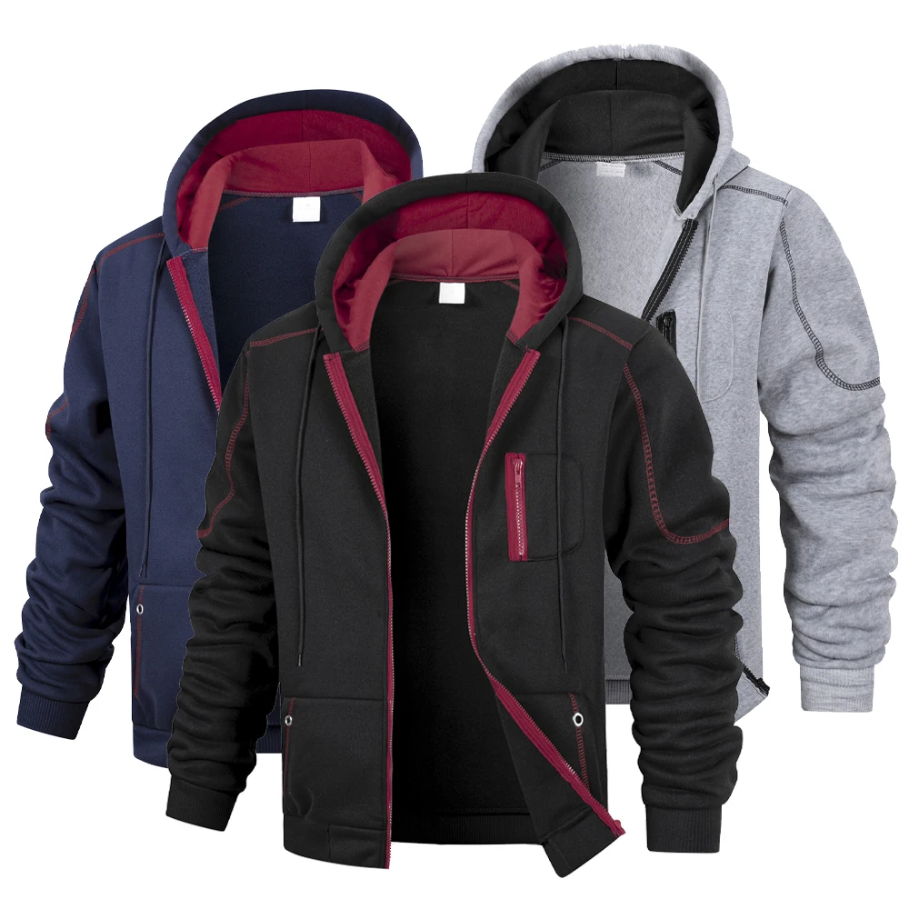 Casaco esportivo casual masculino com capuz e zíper, cardigã de cor sólida, moletom para roupas esportivas slim fit, jaqueta casual