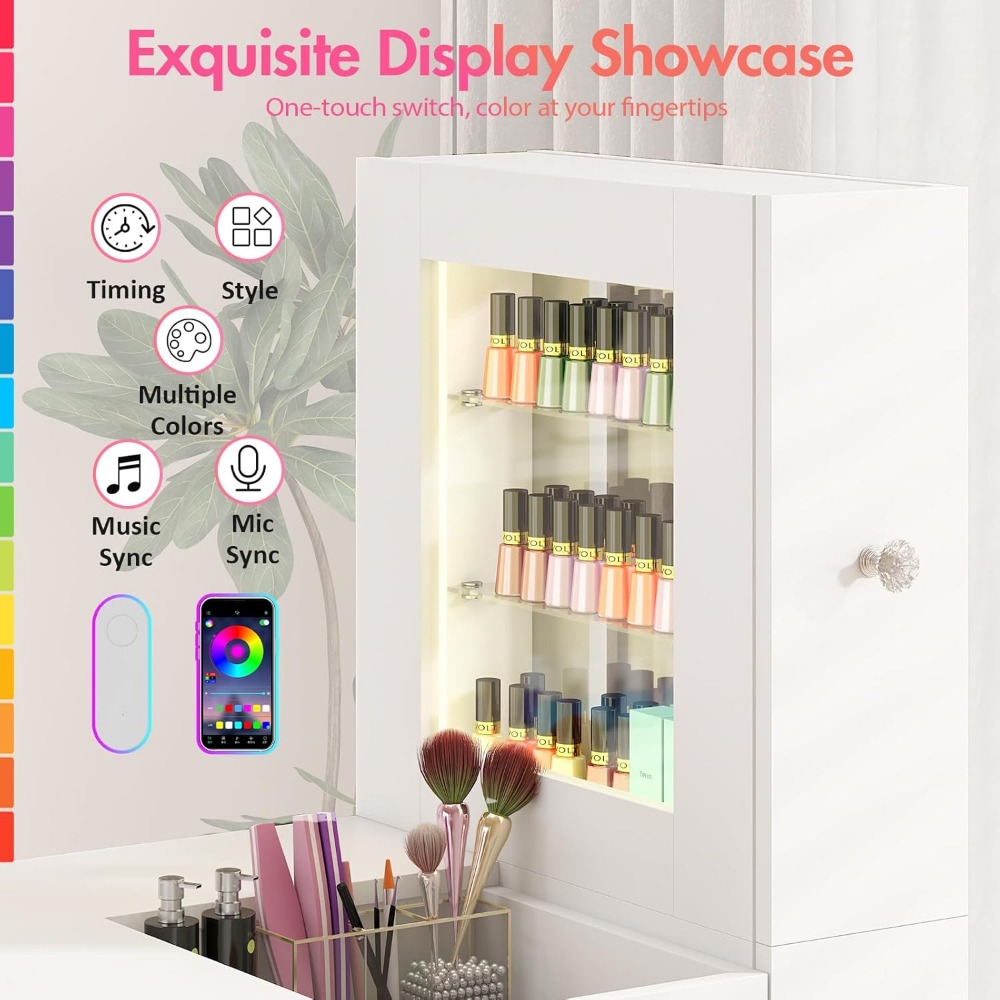 Manicure Table for Nail Tech w/ LED Light Display Cabinet, Nail Desk with Lockable Wheels, Dust Collector, Drawers, Wrist Rest