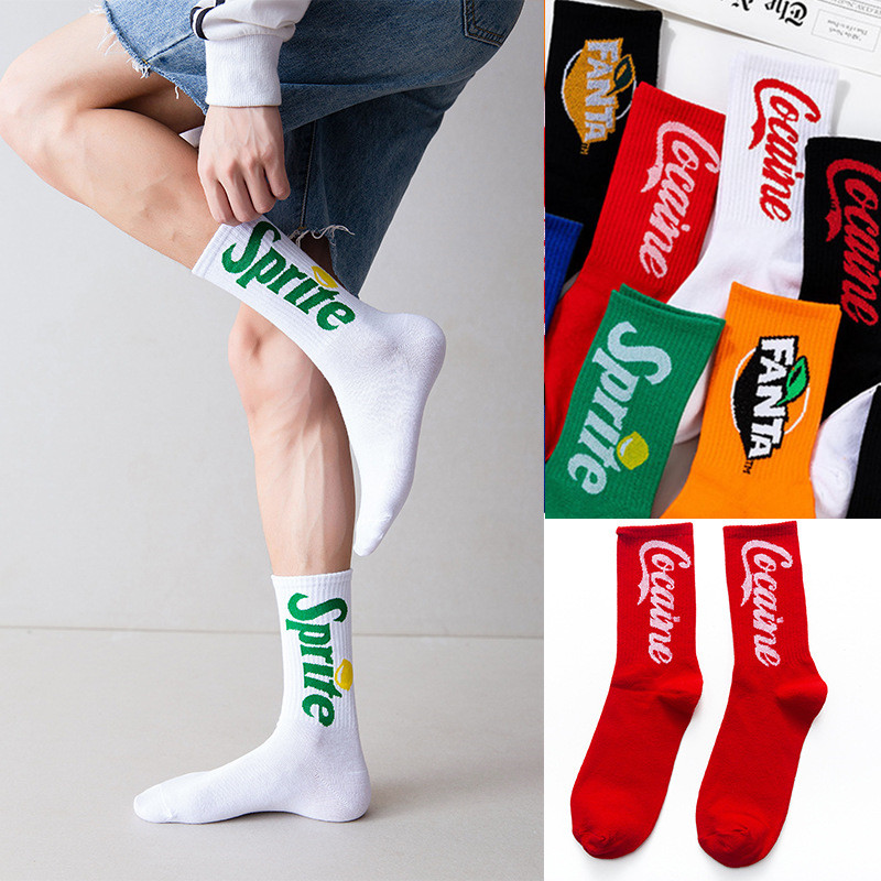 Moda hombres divertidos calcetines con letras marea calle hip hop cola calcetines sprite calcetines mujer skate calcetines bebida joven
