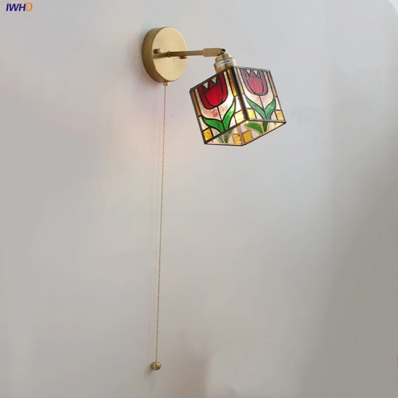 IWHD lampu dinding LED kaca persegi warna-warni, lampu tongkat putar untuk ruang makan tangga lorong tarik saklar rantai gaya Tiffany