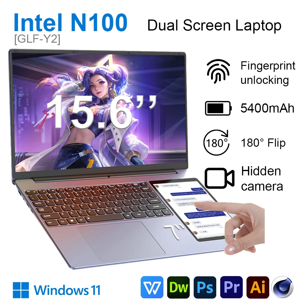 GLF-Y2 Dual Screen Laptop Intel N100 15.6 Inch IPS+7'' Touch Business Computer 16GB+512GB DDR4 M.2 2T SSD Slim Office Laptop