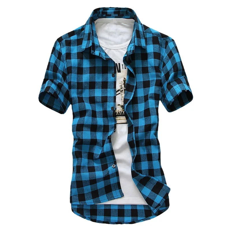 เสื้อเชิ้ตแขนสั้นเข้ารูปเสื้อเชิ้ตลายสก๊อตอินเทรนด์, เสื้อมีปกลำลองสวมใส่ทุกวันสไตล์เกาหลี2023