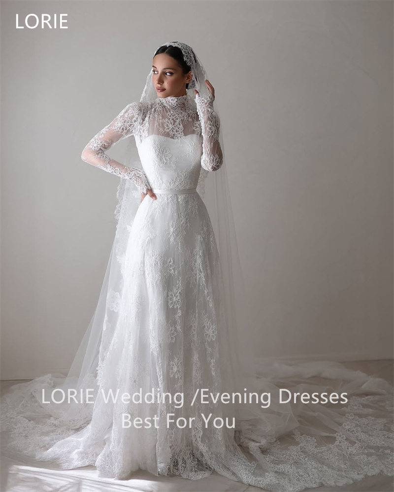 LORIE Brautkleider mit Spitzenapplikationen, A-Linie, Stehkragen, Hüftgürtel, dunstiges Gefühl, Brautkleid, bodenlange Brautkleider 2025, individuell gestaltet