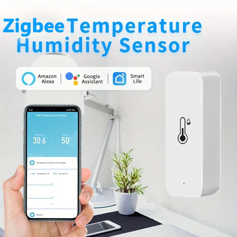 Czujnik temperatury i wilgotności Tuya Zigbee, inteligentne urządzenie domowe kompatybilne z Google Home i Alexa do monitoringu środowiska.