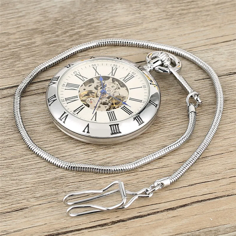 Gold/Silber Römische Ziffern Open Face Männer Frauen Mechanische Automatische Taschenuhr Anhänger Kette Uhr Skeleton Uhren Geschenk