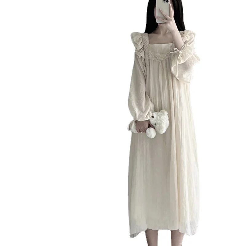 Chemise de nuit en dentelle pour femmes, vêtements de nuit coréens à volants, pyjama une pièce, manches longues, col carré, vêtements de maison, nouvelle collection printemps 2024