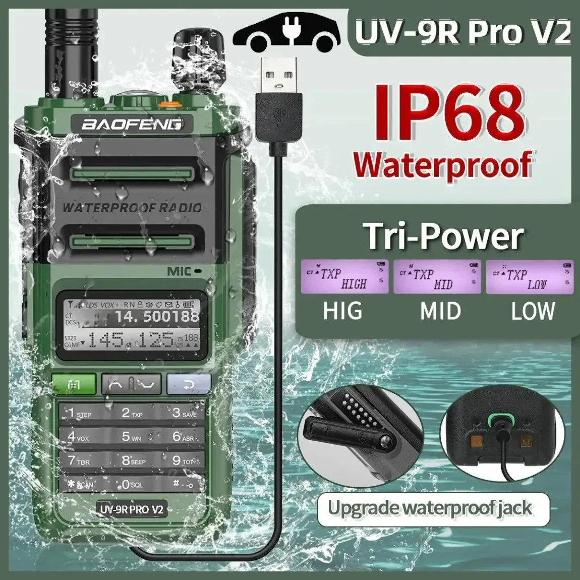 UV 9R Pro V2 Baofeng IP68 Waterproof Walkie Talkie Tri-Power Type-C Charger Dual Band Ham CB Radio Two Way Radio of UV 9R Plus