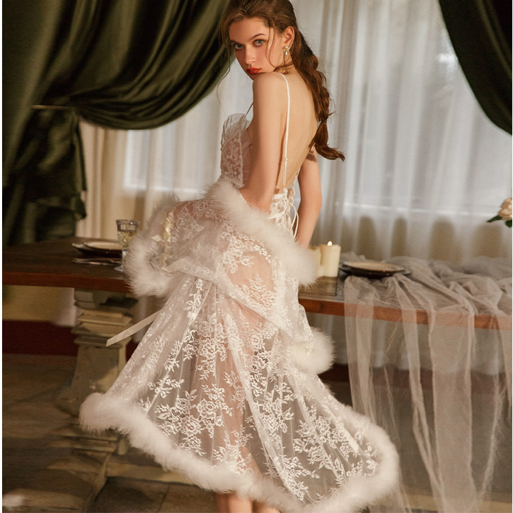 Camisón de encaje sin tirantes, lencería sexy, bata de plumas, perspectiva, talla grande, nuevo