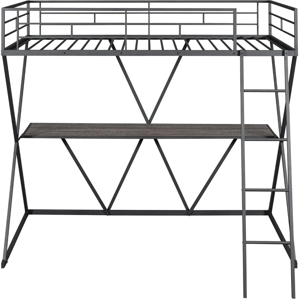 Twin Loft Bed with Desk, Loft Bed Twin Size with Ladder and Full-Length Guardrails, X-Shaped Frame, Black Metal Loft Bed Frame