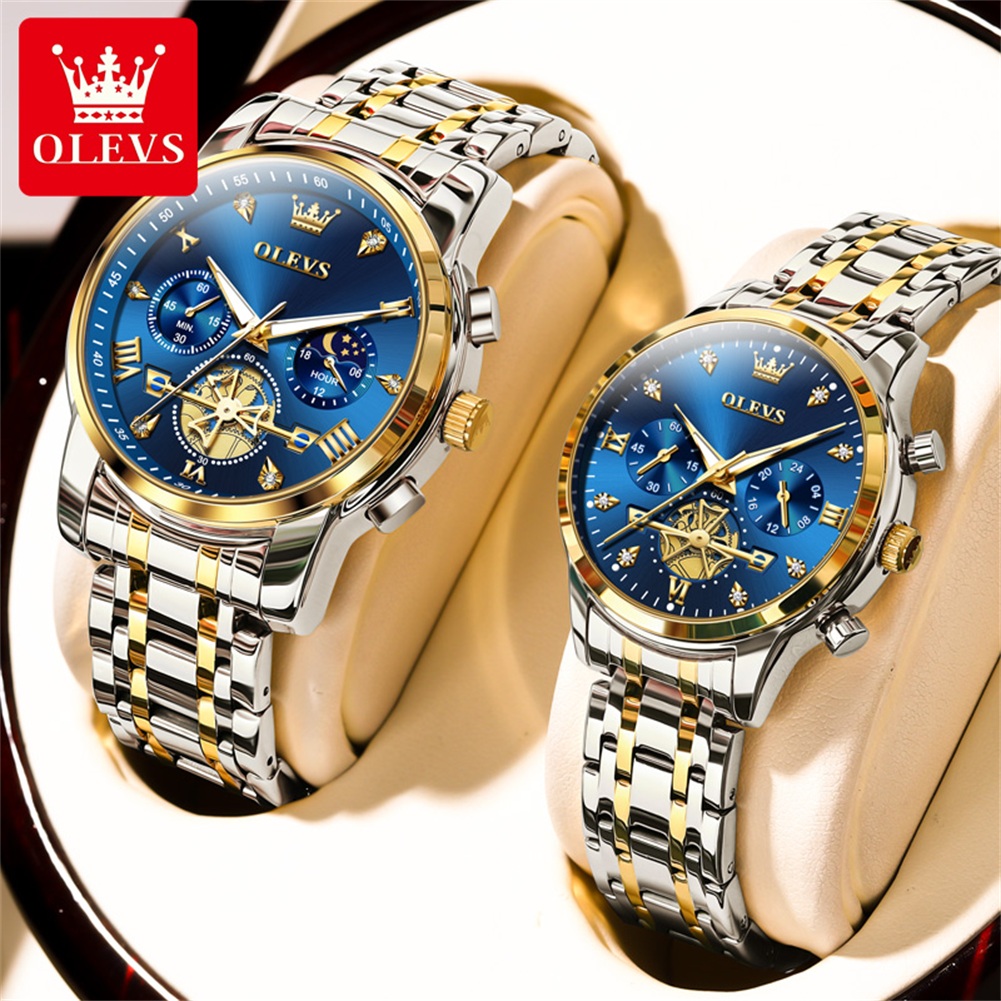 OLEVS นาฬิกาคู่เทรนด์แฟชั่นนาฬิกาข้อมือต้นฉบับคนรักที่สวยงามกล่องของเขาและนาฬิกากันน้ําส่องสว่างข้างขึ้นข้างแรม
