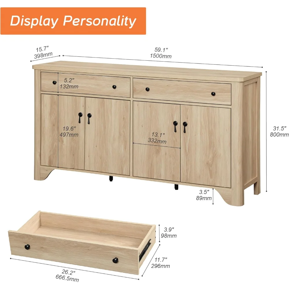 Sideboard Buffet Cabinet with Storage - 59" Large Farmhouse Buffet Cabinet with 2 Drawers and 4 Doors, Adjustable Shelves