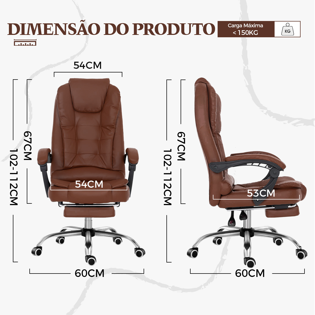 Cadeira giratória Python Fly em marrom escuro, cadeira giratória presidencial, com apoio para os pés e encosto ajustável.