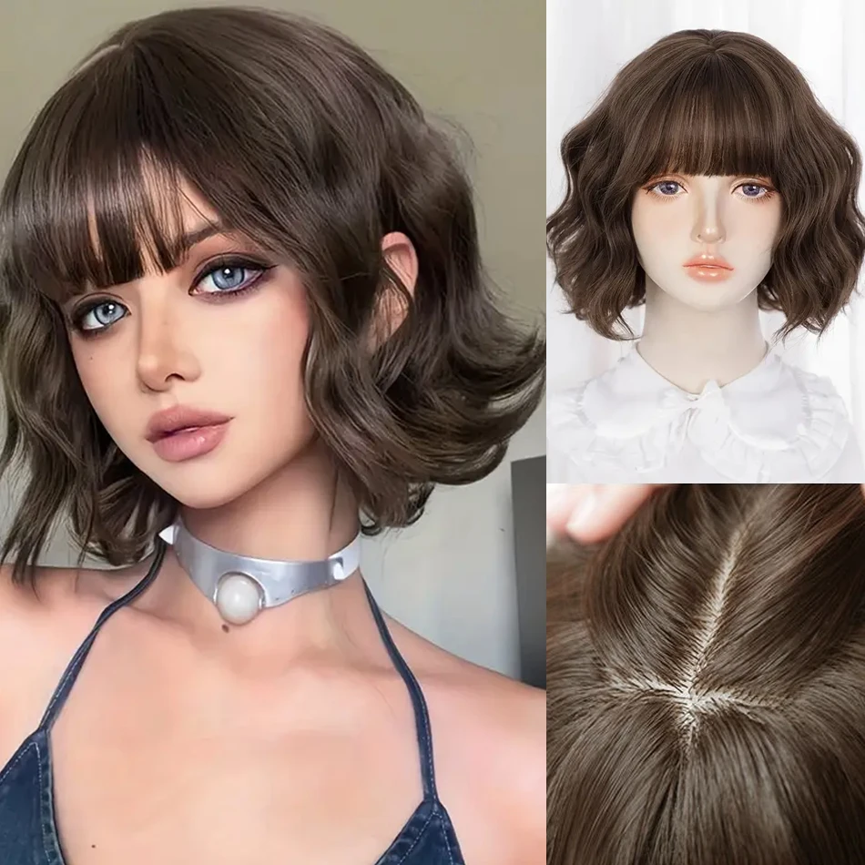 Cosplay curto encaracolado peruca sintética com franja loira rosa onda de água bob peruca com couro cabeludo simulado natural 12 ''peruca resistente ao calor