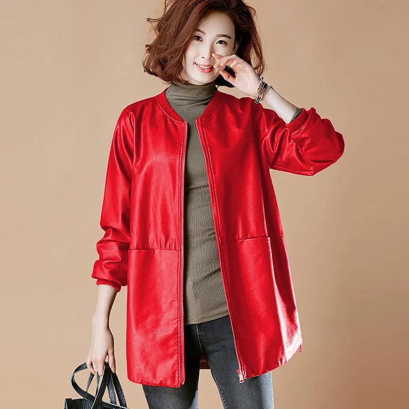 6XLFashio Giữa Da Áo Khoác Nữ Thu Đông Hàn Quốc Mới Rời Bóng Chày Đồng Nhất Áo Khoác Da Áo Gió thanh Lịch