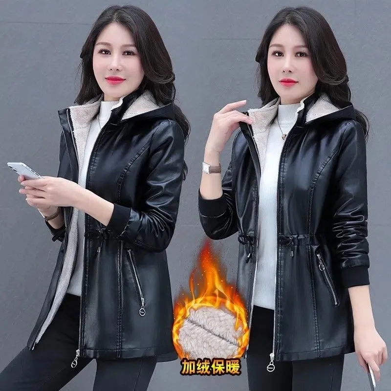 2024 outono inverno jaquetas mais veludo casaco de couro feminino preto verde com capuz moda outwear zíper grosso quente jaqueta curta