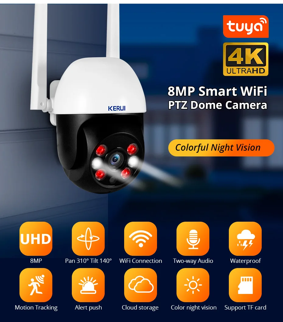 KERUI Tuya Smart/Smart Life 8MP PTZ Telecamera IP esterna per protezione di sicurezza domestica WiFi CCTV Videocamera di sorveglianza Wireless