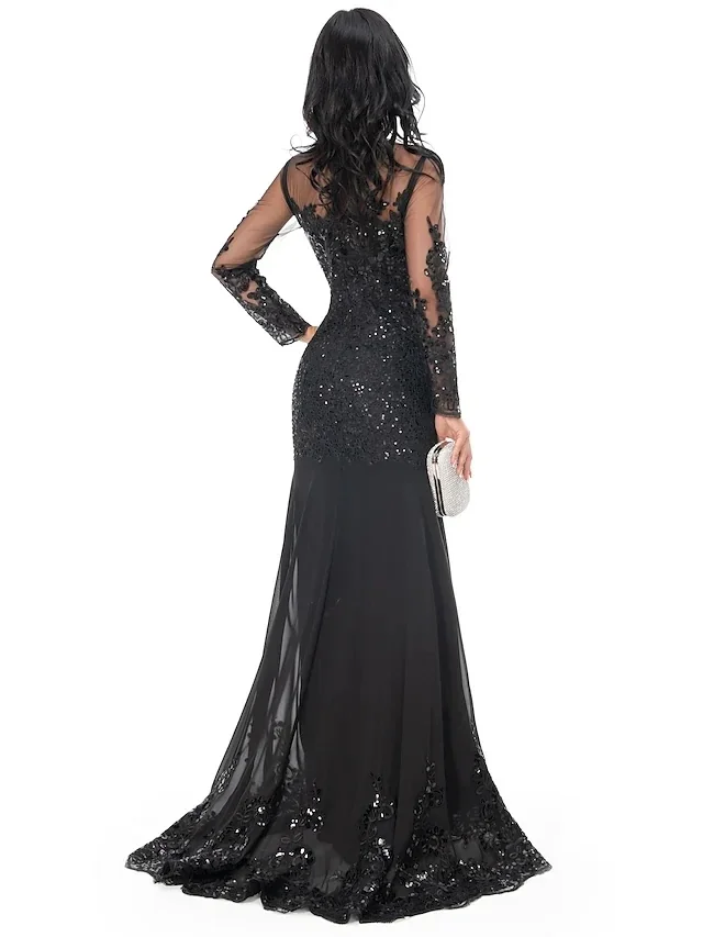Meerjungfrau/Trompete Abendkleid funkeln Kleid Heimkehr Sweep/Pinsel Zug Langarm Illusion Hals Spitze mit Applikationen