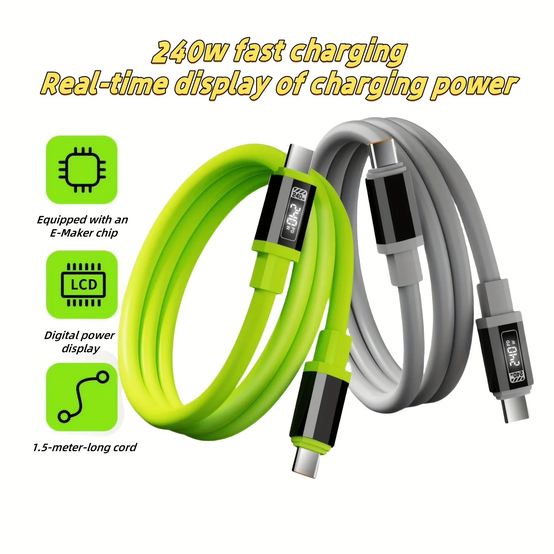 Universal Type C To Type C High Power Charger Cord 240W with Power Screen for Xiaomi Huawei OPPO VIVO IPhone 15 16 17 Samsung