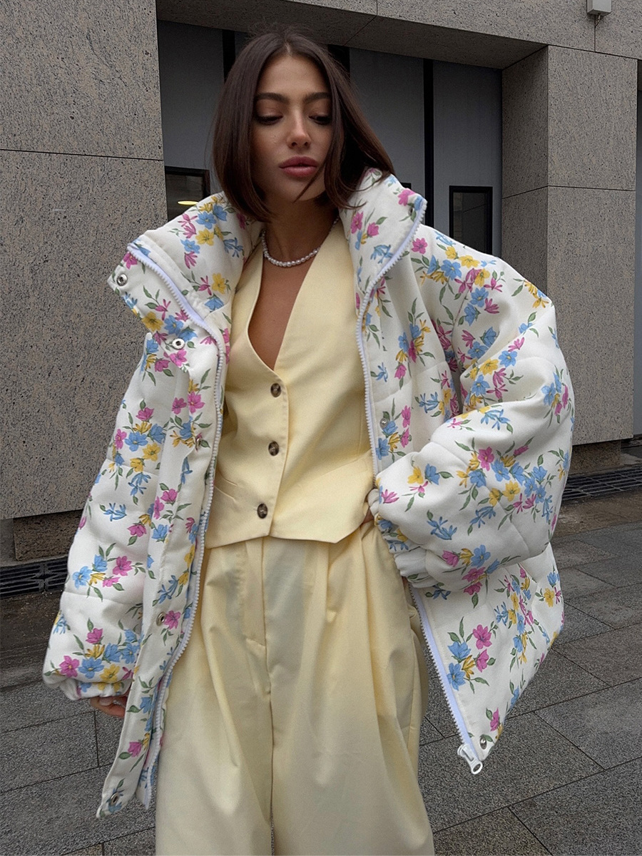 Wolfeel nieuwe pufferjas voor dames, oversized opstaande kraag, ritssluiting, bloemenprint, warme katoenen gevulde jas, herfst winter