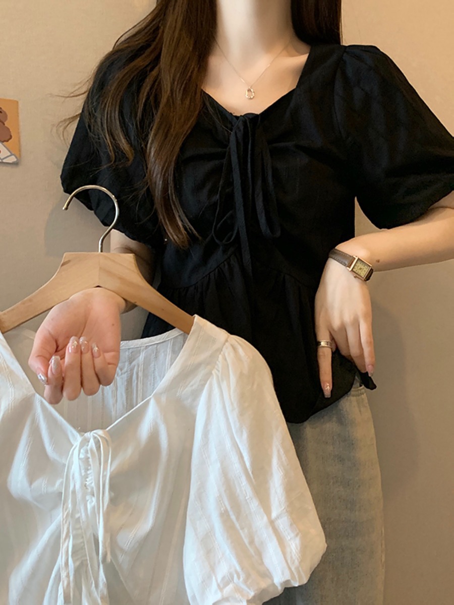 Csa Fena Plus Size de Cor Pura com Cinto e Mangas Curtas Psadas, Estilo Solto de Verão, Decote em V Versátil