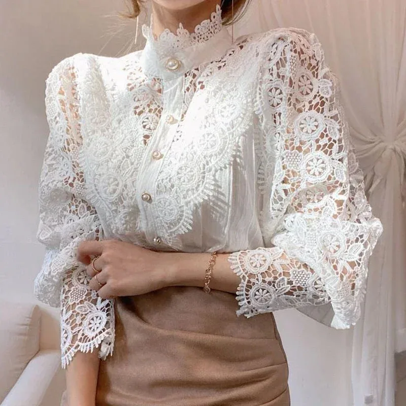 Koszula damska Blusas Mujer De Moda Office Lady Flower Blouse Spring Hollow Out Lace Stand Collar Button Odzież damska 12419