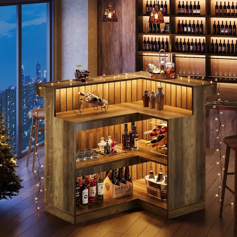 L-Shaped Home Bar Unit, Corner Liquor Bar Table with Storage Shelves and Wine Glasses Holder, Industrial Wine Cabinet