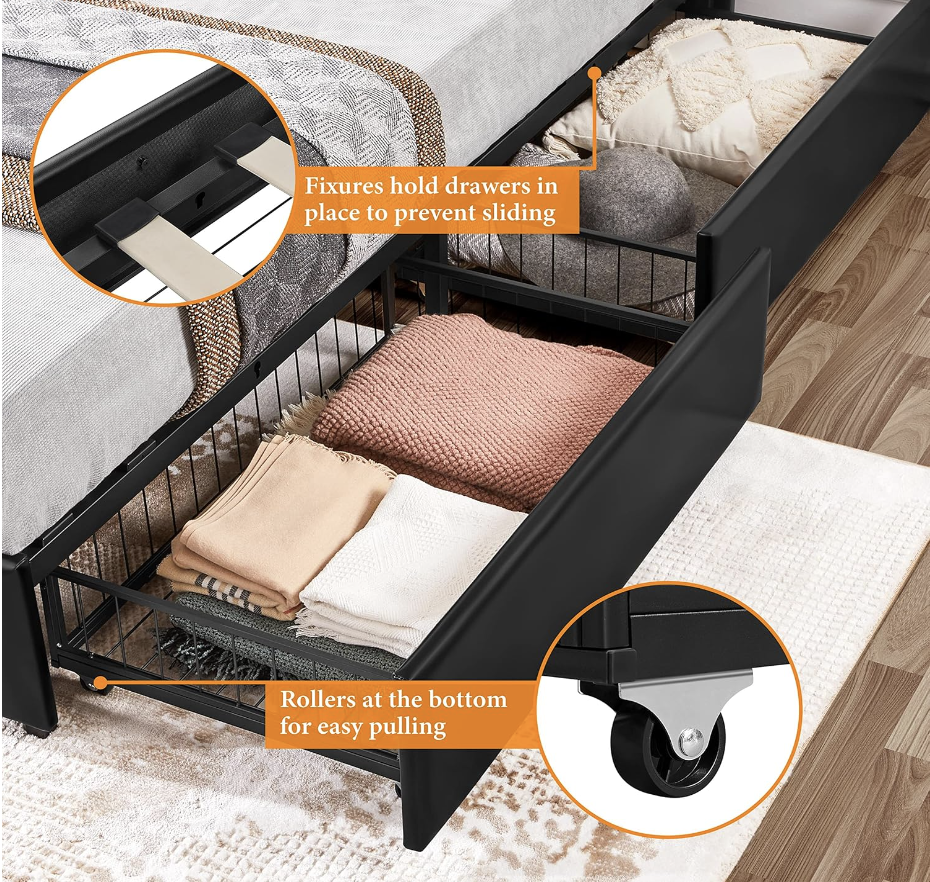 Queen Size Upholstered Bed Frame with 4 Drawers and Adjustable Headboard, Faux Leather Platform Bed with Mattress Foundation St