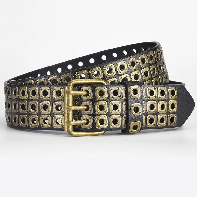 2024 nuevo cinturón de moda 110CM hombres estilo Punk PU remache de cuero cinturón de Metal ojo hebilla de aleación tendencia cinturón Casual resistente y resistente