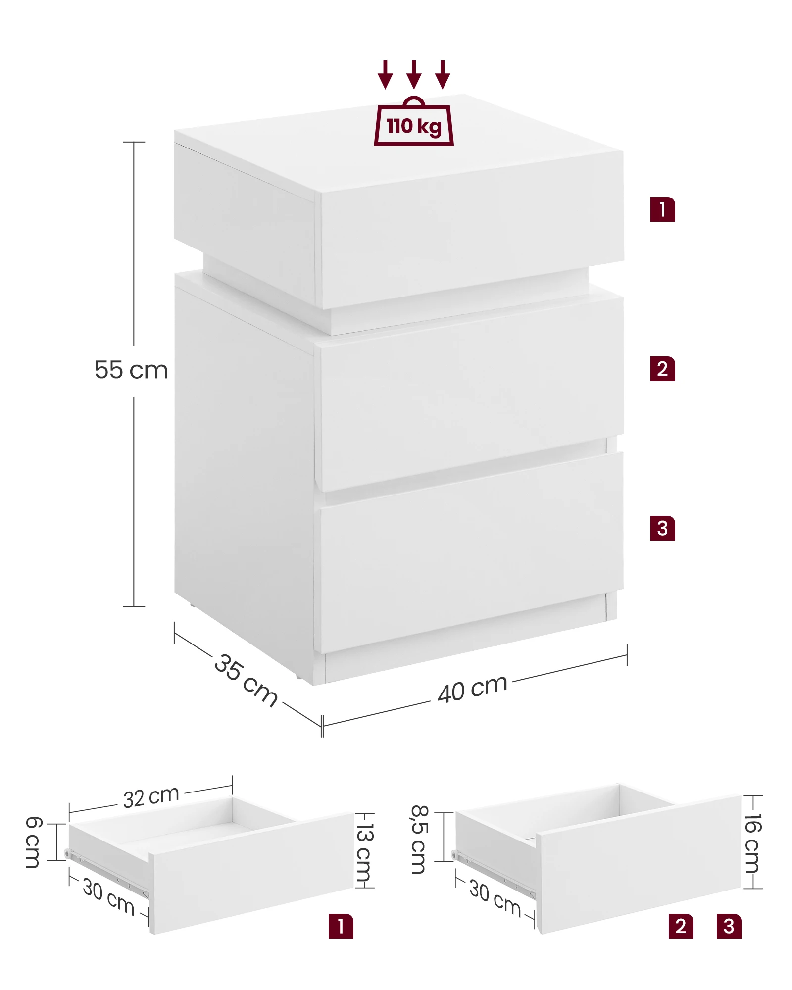 VASAGLE Table de Chevet, avec Bande LED Multicolore Réglable, 3 Tiroirs, Table d’Appoint de Style Moderne, 35 x 40 x 55 cm
