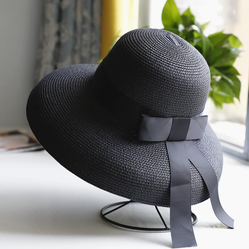 Retro Hepburn Black Internet Famous Straw Hat Sunshade Hat Sunscreen Beach Holiday Large Brim Women's Summer Sun Hat