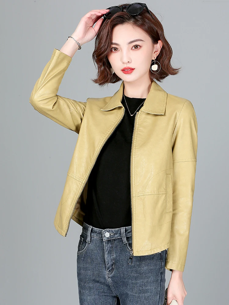 Neue Frauen Schaffell Jacke Frühling Herbst 2025, Mode Lässig Langarm Kurze Zipper Leder Mantel Lose Split Leder Oberbekleidung