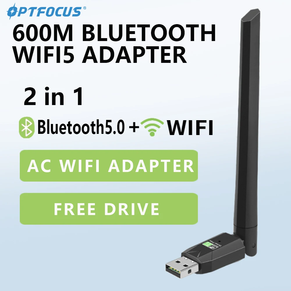 OPTFOCUS 600mbps USB Bluetooth 5.0 อะแดปเตอร์ AC Wifi 2 ใน 1 สําหรับ PC BT wifi5 2.4G 5G 5dbi Dongle Usb Wireless WiFi Receiver Para PC