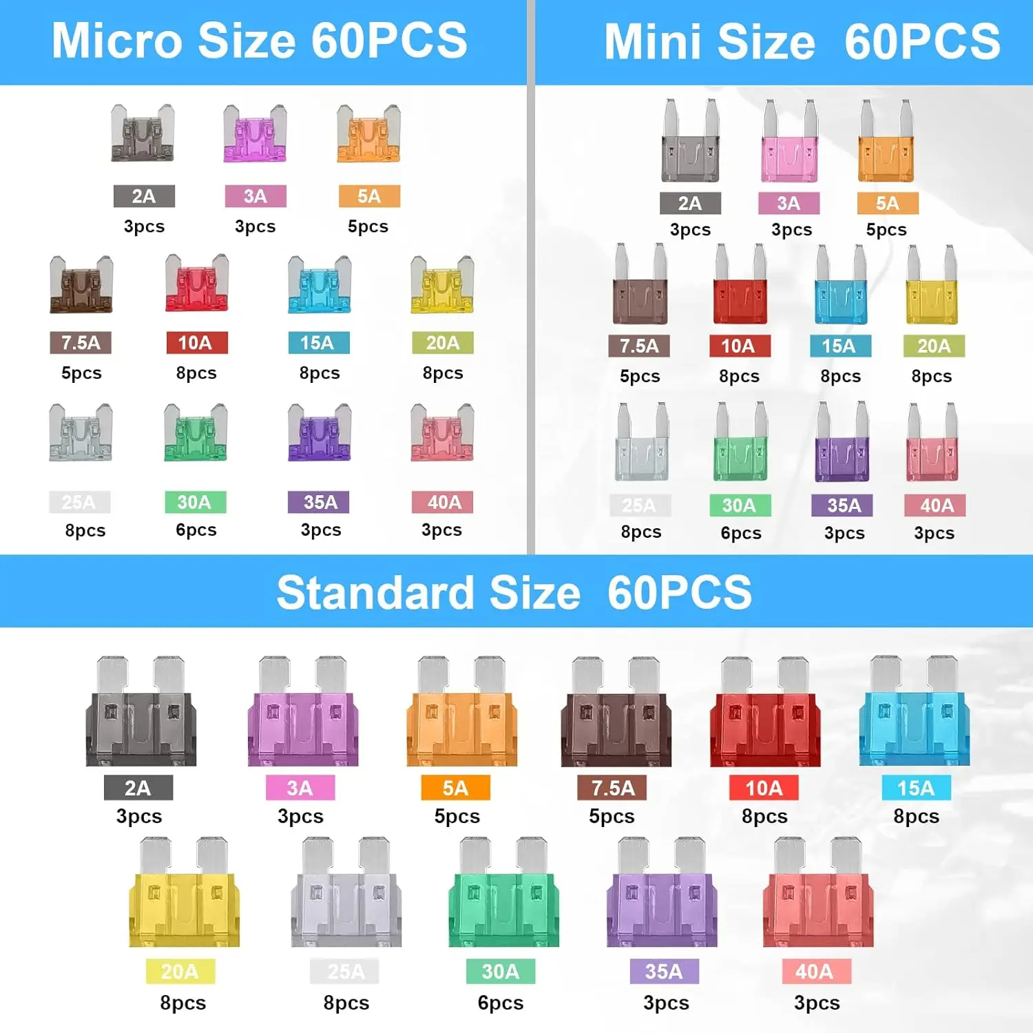 180 STKS Standaard Zekering Automotive 60 Mini Blade Auto Zekering 60 Micro Zekering Zekering Puller Auto Zekeringen Diverse Kit