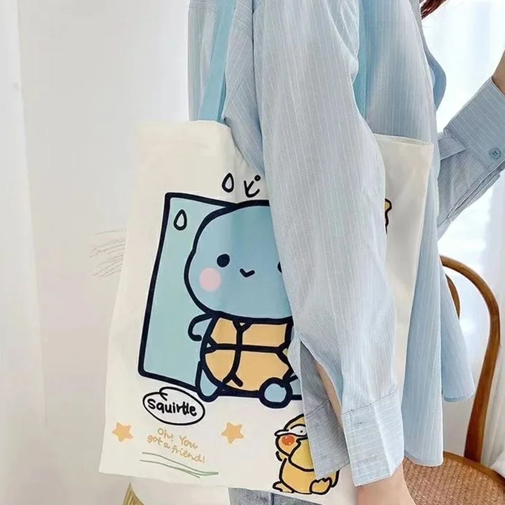 Anime Pokemon Pikachu Canvas Schoudertassen Psyduck Squirtle Dames Casual Handtas Herbruikbare Grote Capaciteit Vrouwen Boodschappentas