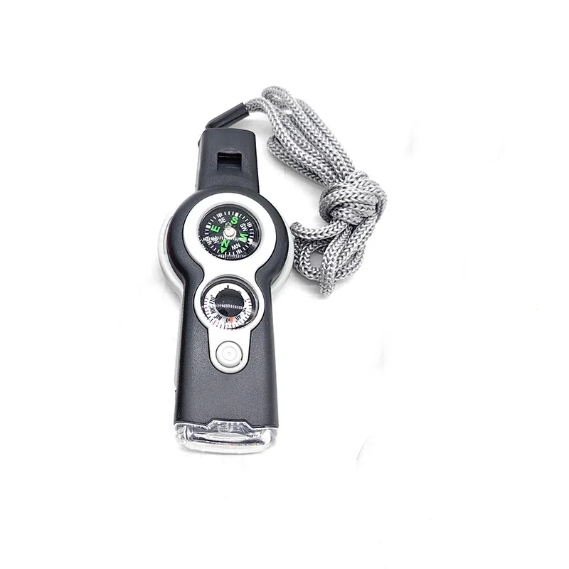 Sifflet multifonctionnel 7 en 1, boussole d'extérieur, thermomètre, lumière LED, lampe de poche de survie, loupe à miroir inversé
