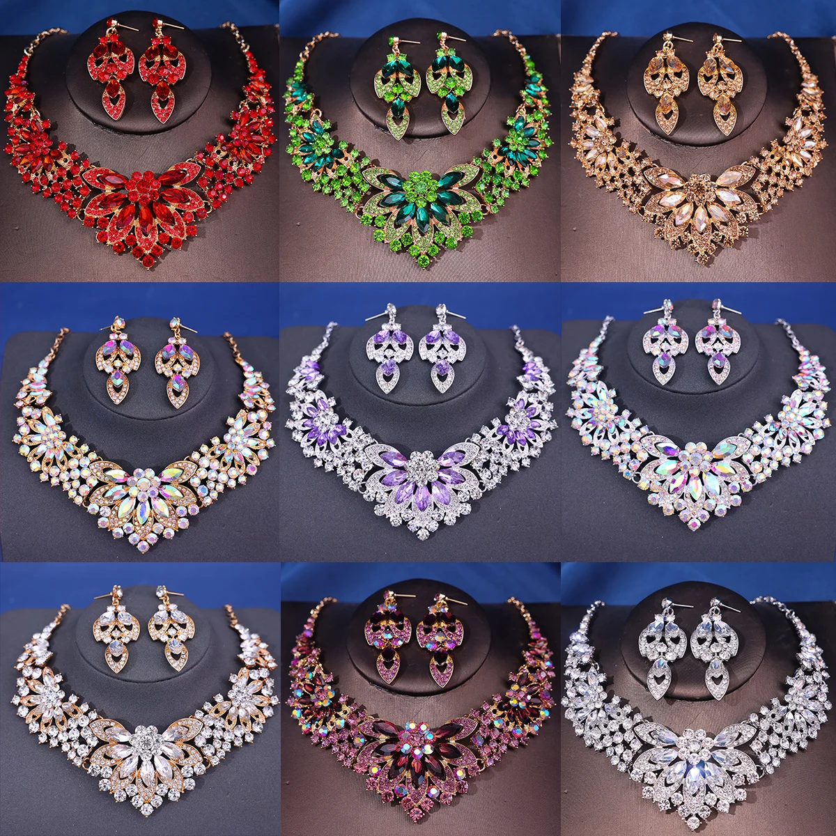 Set di orecchini con collana di strass di cristallo di moda, accessori per capelli da sposa per la sposa delle donne