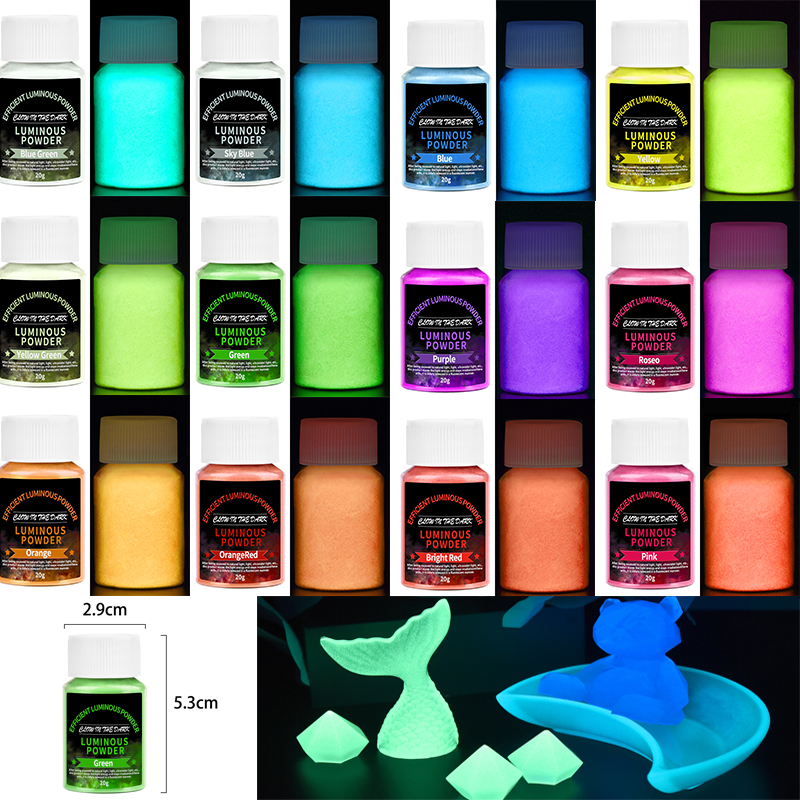 Pintura en polvo luminosa brillante de larga duración, pigmento de resina epoxi que brilla en la oscuridad, polvo fluorescente, relleno para hacer joyería DIY, 20g