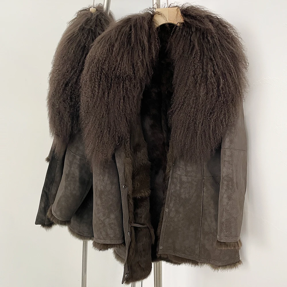OFTBUY Echtpelz Jacke Wildleder Herbst Winter Echte Mongolischen Schafe Kragen Pelzmantel Frauen Kaninchen Fell Futter Langarm pelz trim