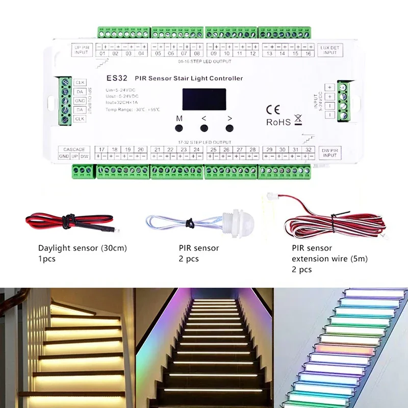 ES32 Treppen Led Licht Controller PIR Sensor 32CH Einfarbig 2CH RGB Pixel SPI LED Streifen Dimmer Treppen Licht Sensor Controller