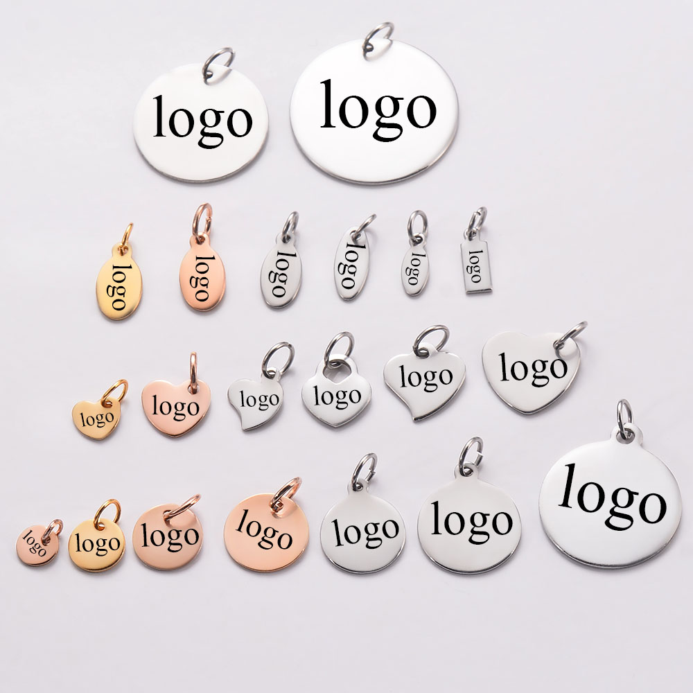 Etiquetas de logotipo personalizadas de acero inoxidable, dijes para fabricación de joyas DIY, disco de logotipo de nombre personalizado, 3 colores, 20 piezas por lote