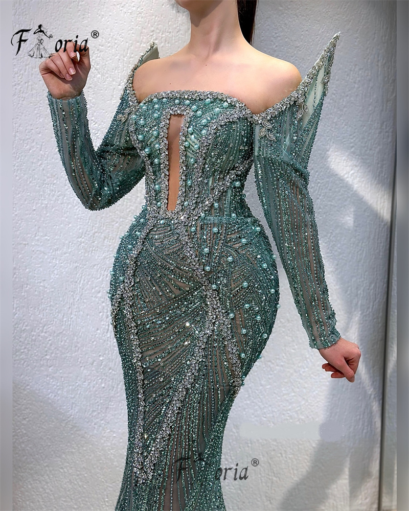 Dunkelgrüne Vintage Dubai formelle Abendkleider Meerjungfrau Kristall perlen arabische Frau Hochzeits feier Kleid Vestidos de Festa 2023