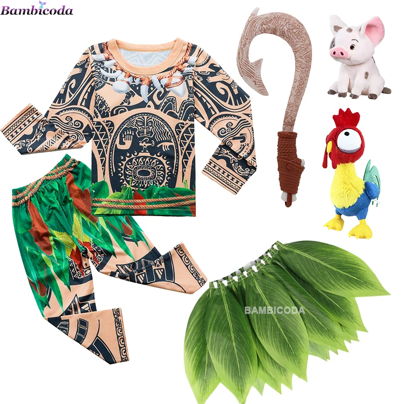Boys Costume 3D Totem Printing Maui Moana Cosplay Long Sleeve Top Trousers Set Halloween Carnival Party Outfits For Boy