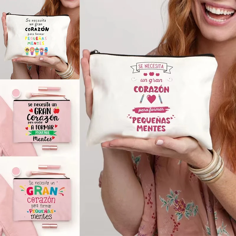 Gracias Maestra / Merci Maitresse bolsa de lápiz labial con cremallera pequeñas bolsas de aseo estuche de cosméticos para el día del maestro bolsas de maquillaje para mujer Casual